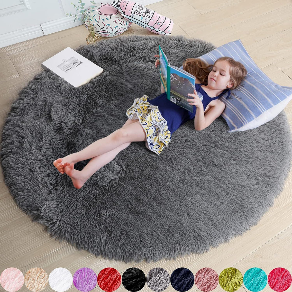 Amdrebio Light Pink Fluffy Round Bedroom Rug — 4 ft