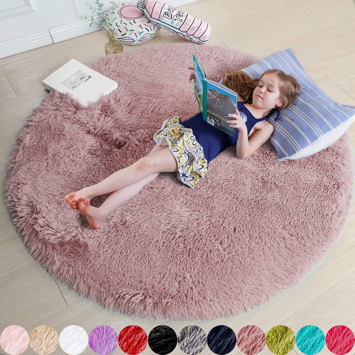 Amdrebio Light Pink Fluffy Round Bedroom Rug — 4 ft