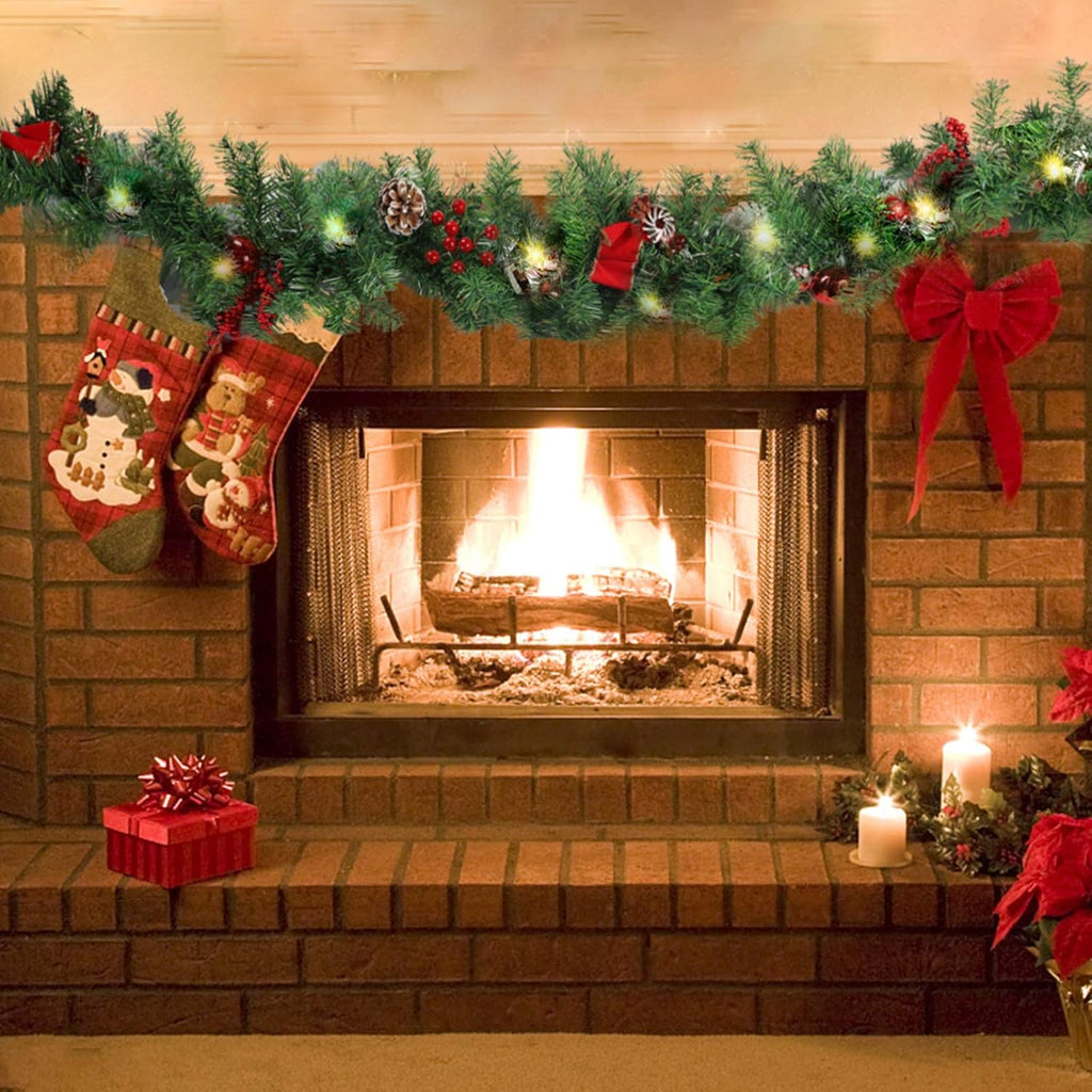 MorTime 9 ft LED Christmas Garland with Pinecones Red Berries Bows Christmas Balls Candies