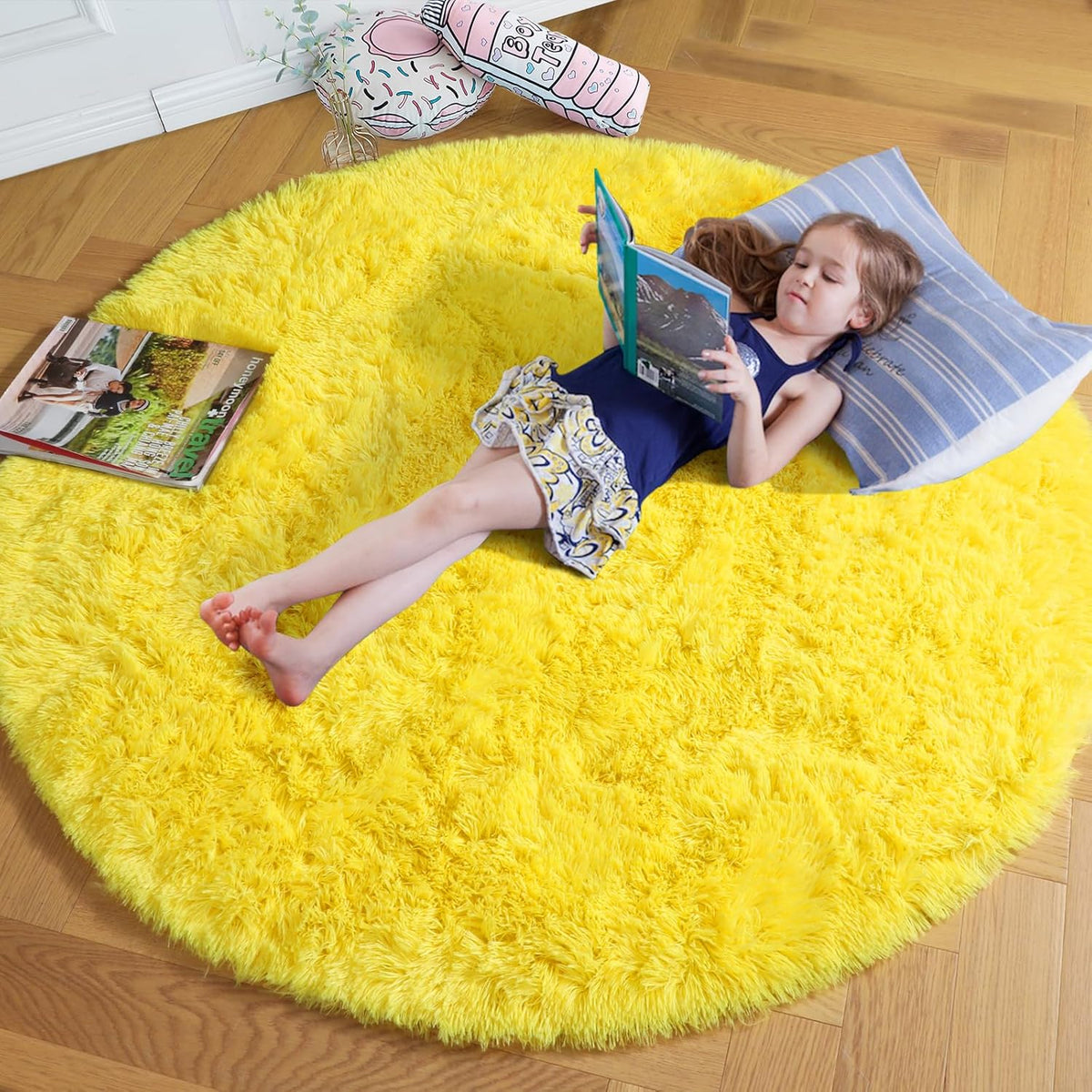 Amdrebio Light Pink Fluffy Round Bedroom Rug — 4 ft