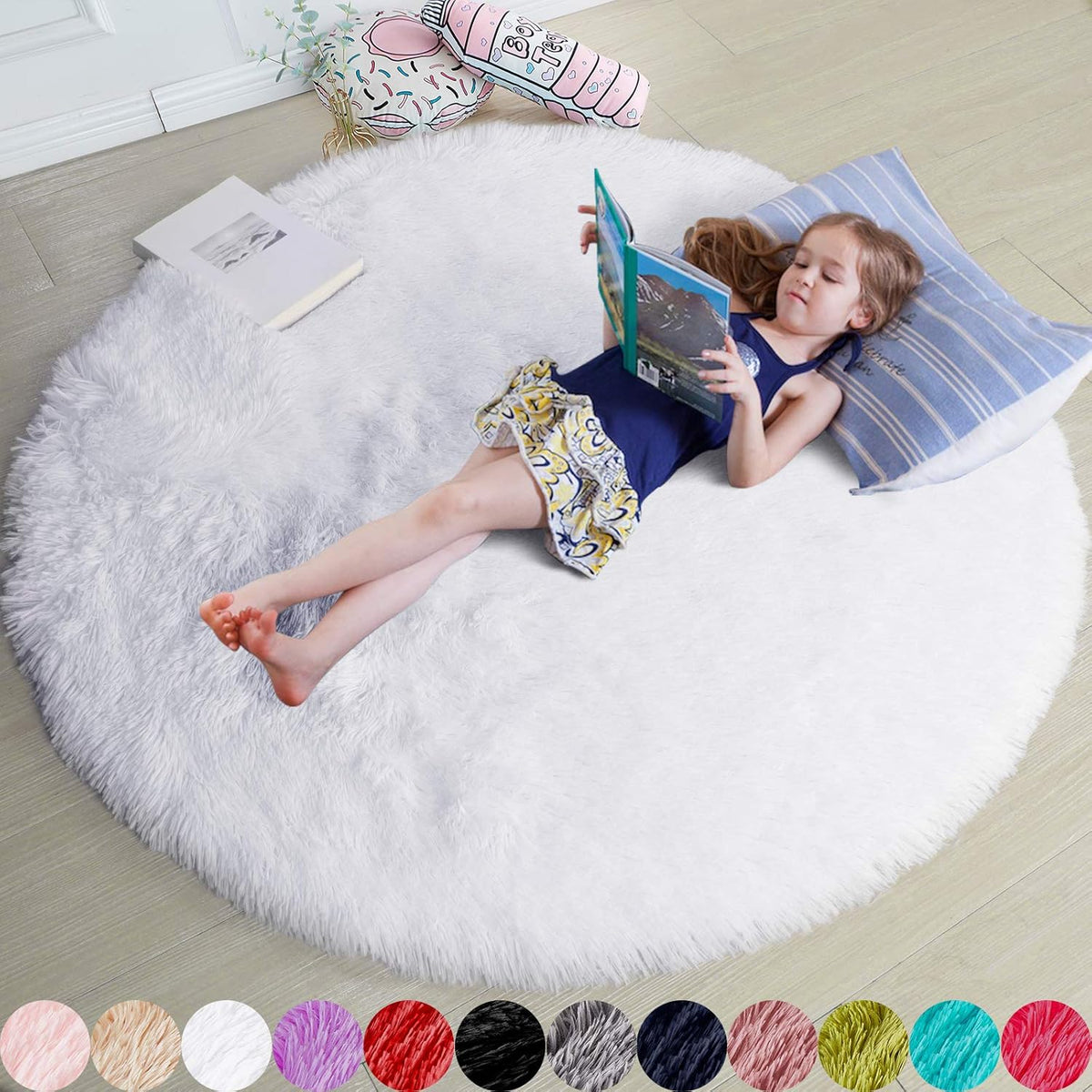 Amdrebio Light Pink Fluffy Round Bedroom Rug — 4 ft