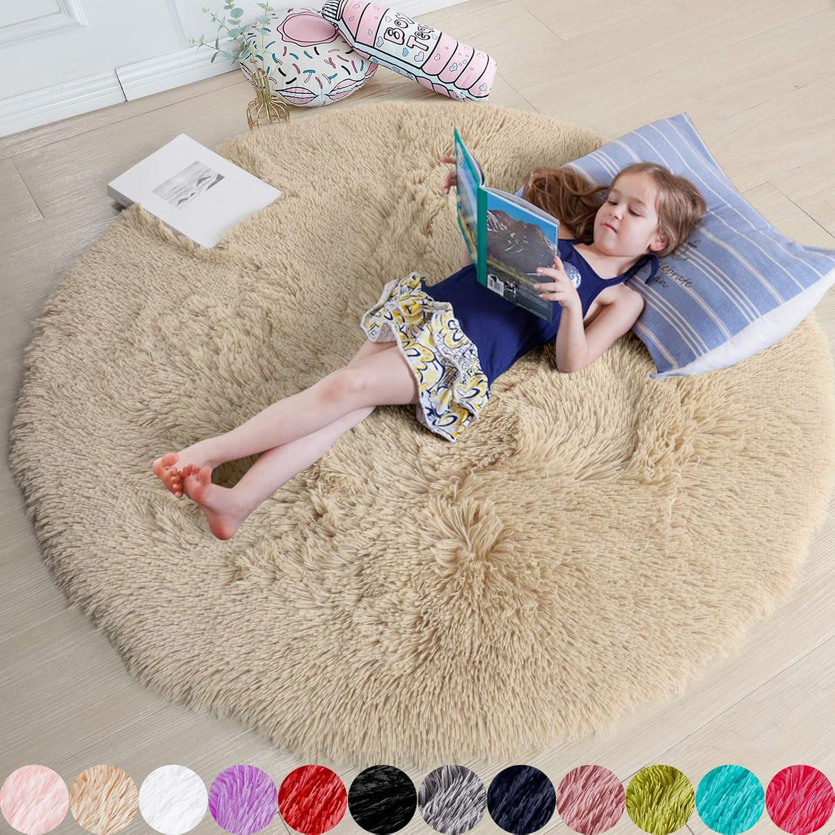 Amdrebio Light Pink Fluffy Round Bedroom Rug — 4 ft