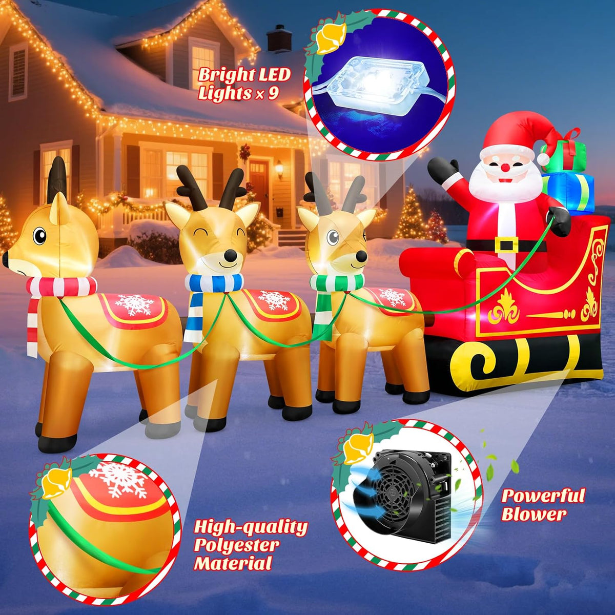 12 Foot Long Christmas Inflatables Santa Claus & Reindeer Sleigh Outdoor Decorations