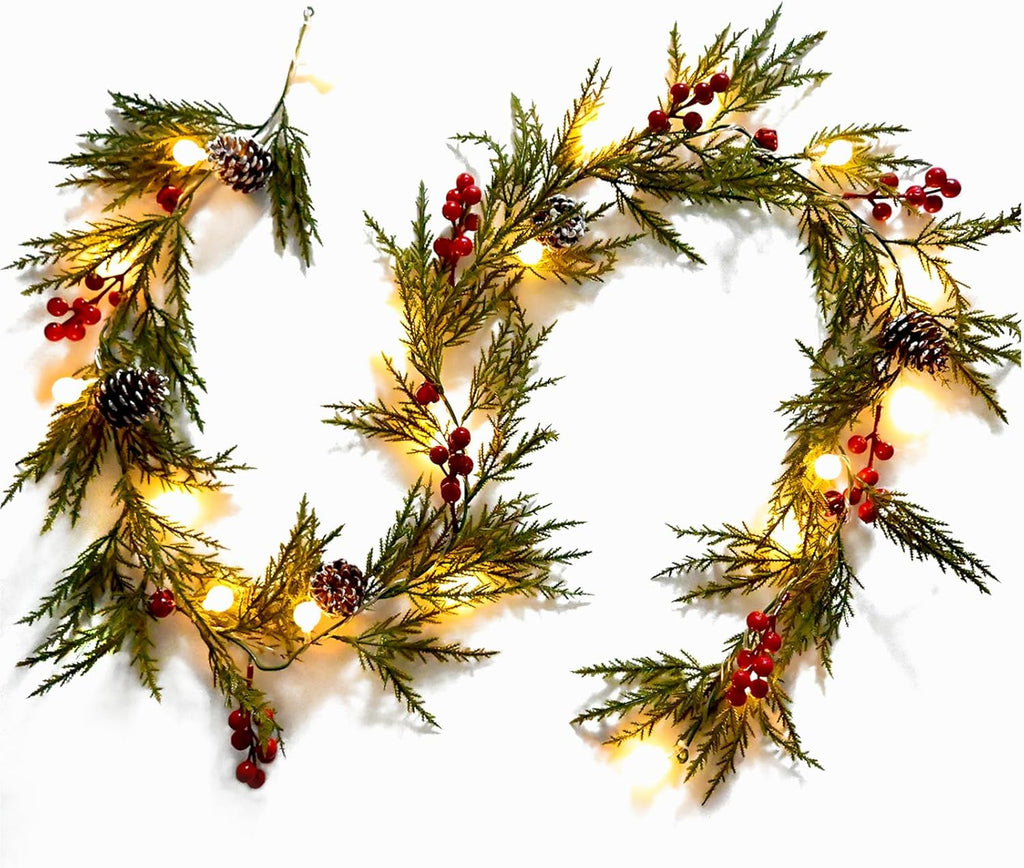 Christmas Garland 6 ft 20 LED Bulbs Cypress Pine Garland with Lights Battery Operated with Timer