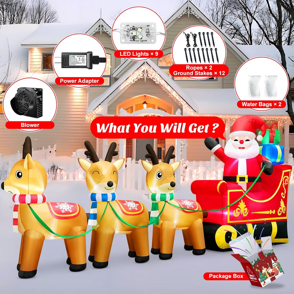 12 Foot Long Christmas Inflatables Santa Claus & Reindeer Sleigh Outdoor Decorations