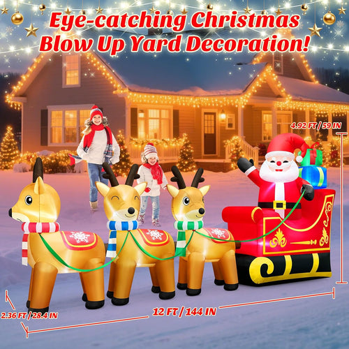 12 Foot Long Christmas Inflatables Santa Claus & Reindeer Sleigh Outdoor Decorations