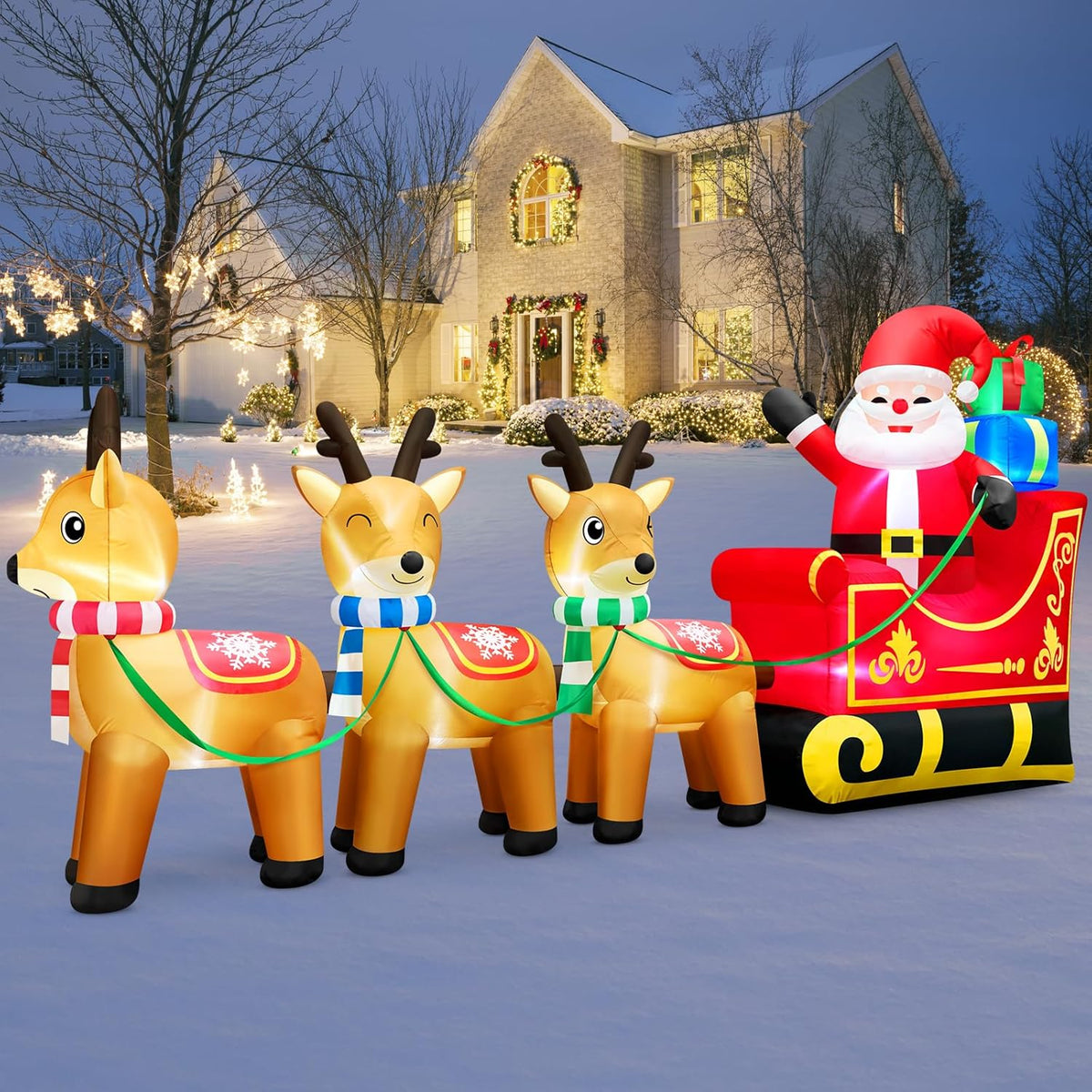 12 Foot Long Christmas Inflatables Santa Claus & Reindeer Sleigh Outdoor Decorations