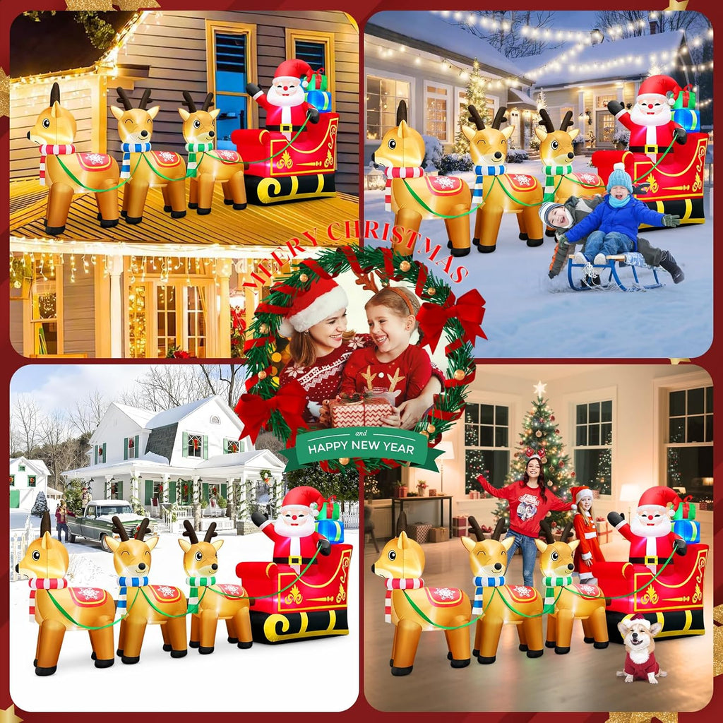 12 Foot Long Christmas Inflatables Santa Claus & Reindeer Sleigh Outdoor Decorations