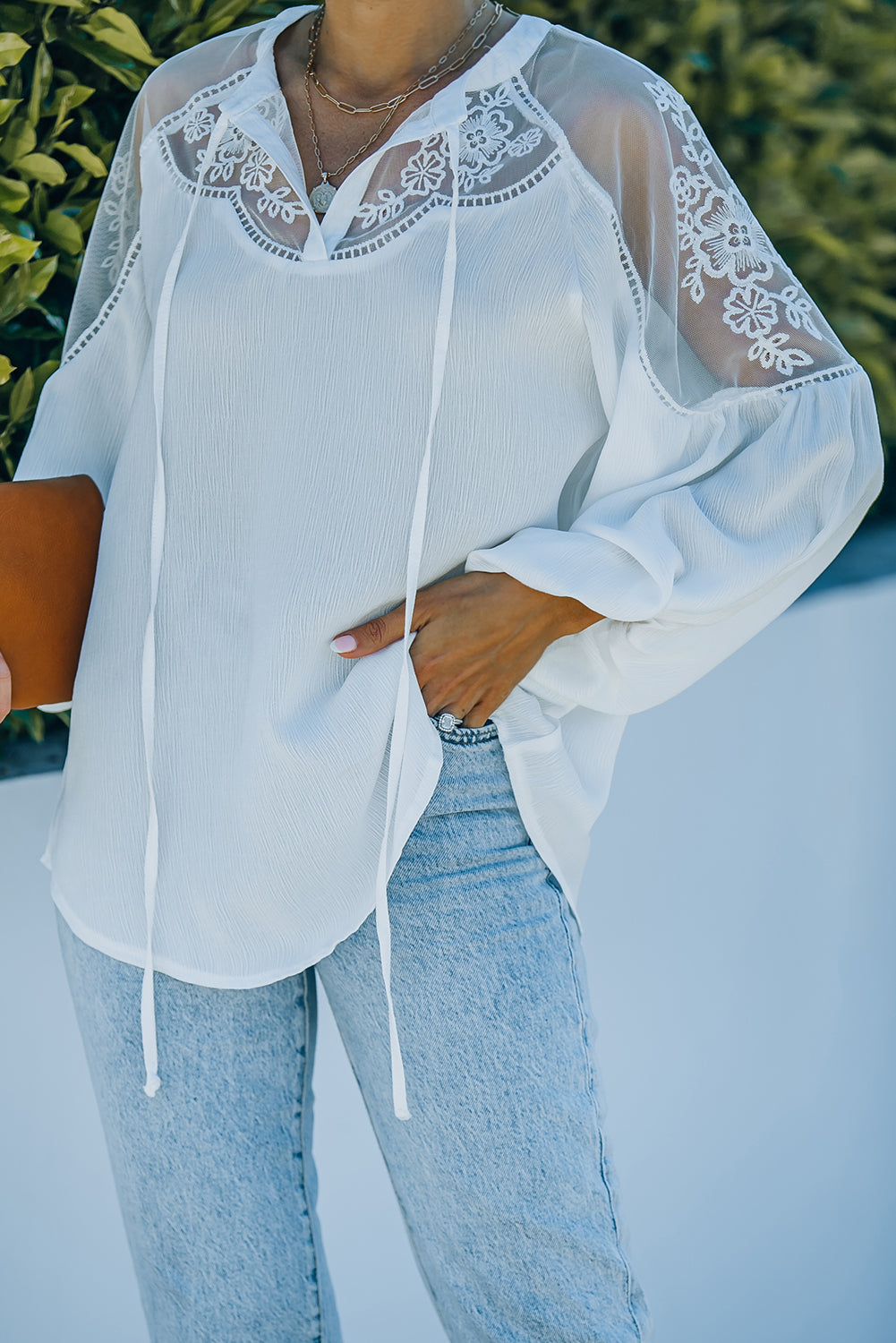 Lace-Detail Tie-Neck Blouse