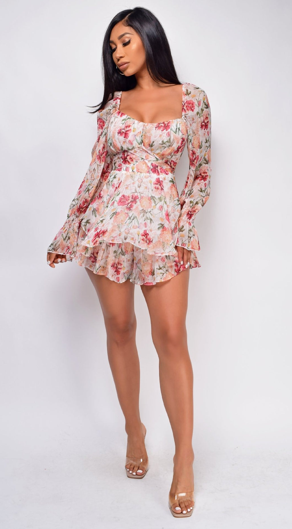 Floral-Print Long-Sleeve Romper