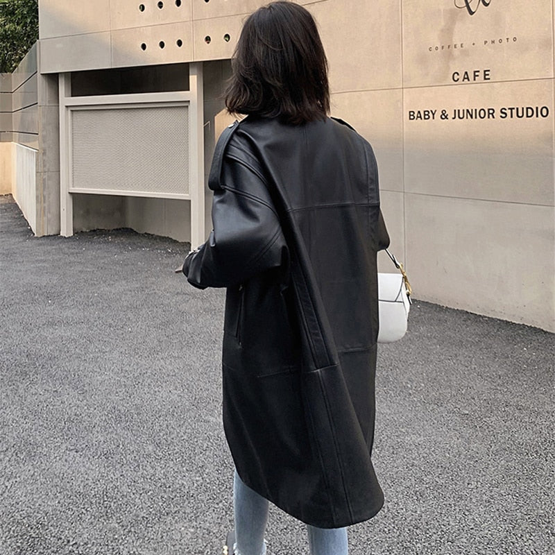Women's Oversized Long Faux-Leather Biker Jacket