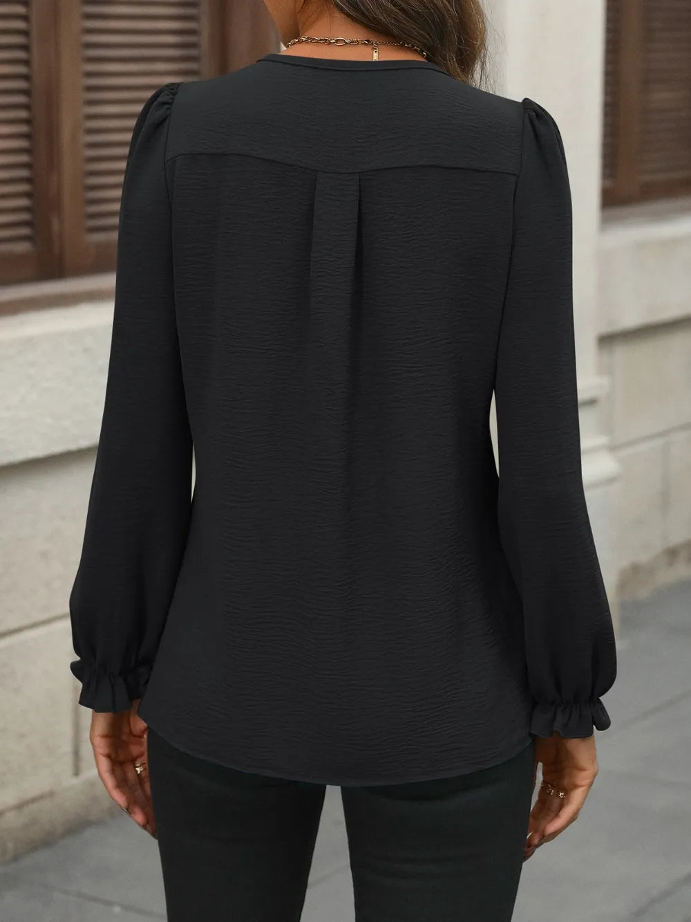 Notched-Neck Ruffle-Sleeve Blouse