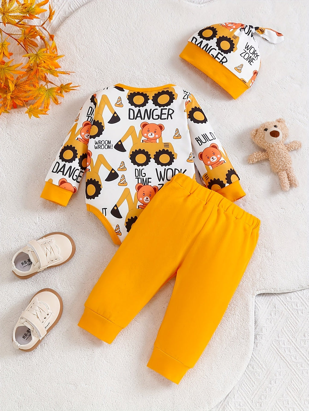 Baby Bear & Excavator Knit Romper, Pants & Beanie Set