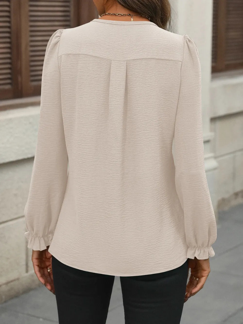 Notched-Neck Ruffle-Sleeve Blouse