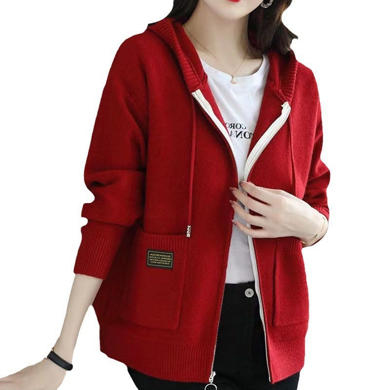 Hooded Zip-Front Knit Jacket