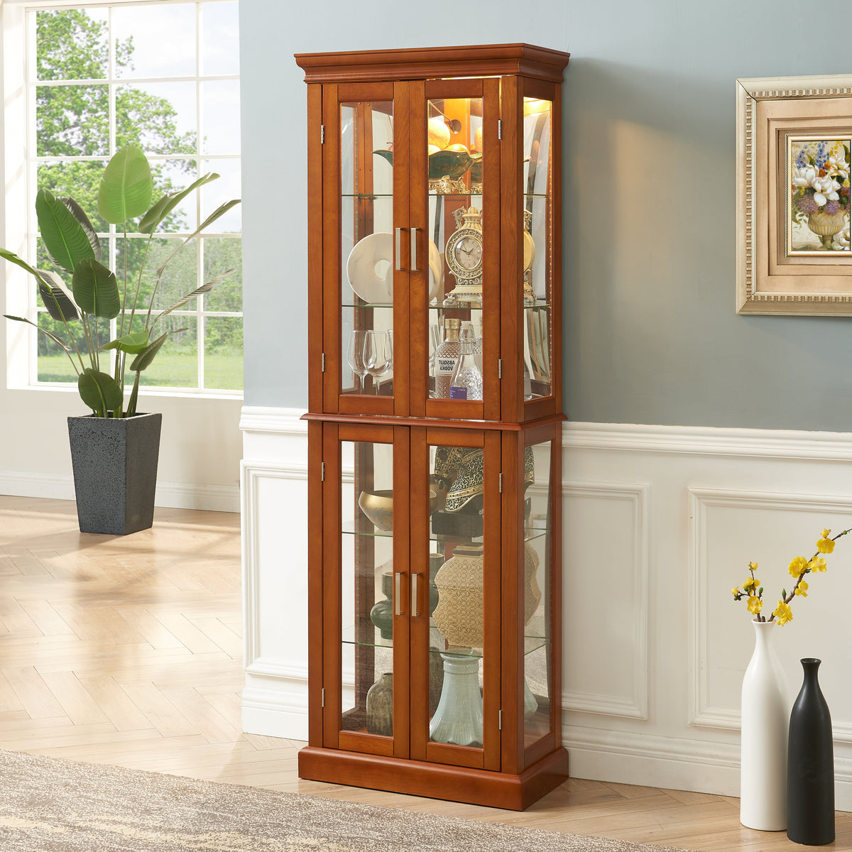 Lighting Curio Diapali cabinet with adjustable shelves, mirror back panel, tempered glass door (without light bulb), walnut wood