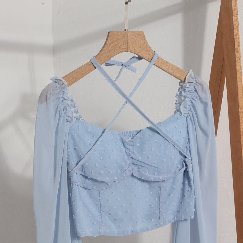 Lace-Up Square-Neck Lantern-Sleeve Crop Top