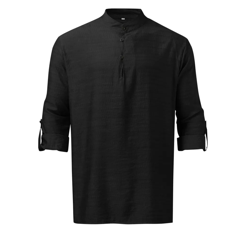 Men's Plus Size Linen Half-Button Long-Sleeve Shirt