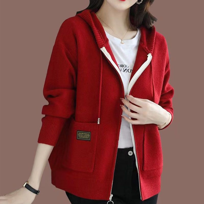 Hooded Zip-Front Knit Jacket