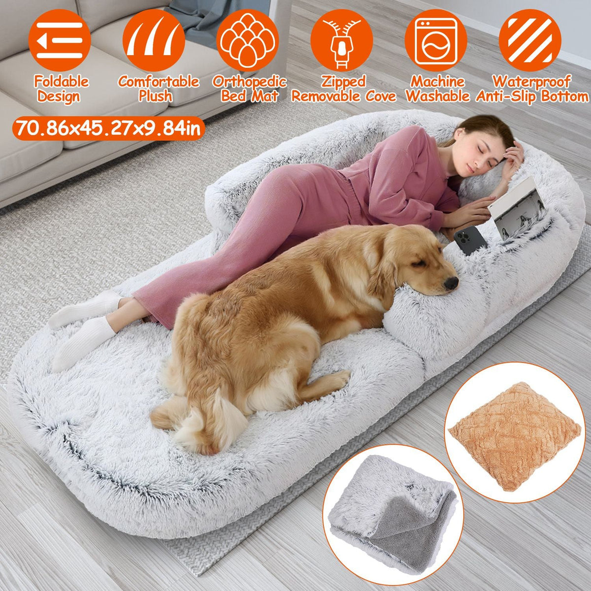 Large Foldable Human Size Dog Bed With Pillow Blanket Flurry Plush Napping Human-Sized Dog Bed Machine Washable Zipped Removable Cover For Pets Kids A
