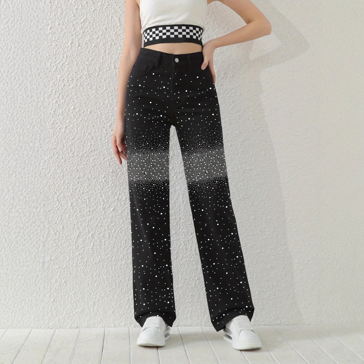 High-Waisted Rhinestone-Detail Jeans