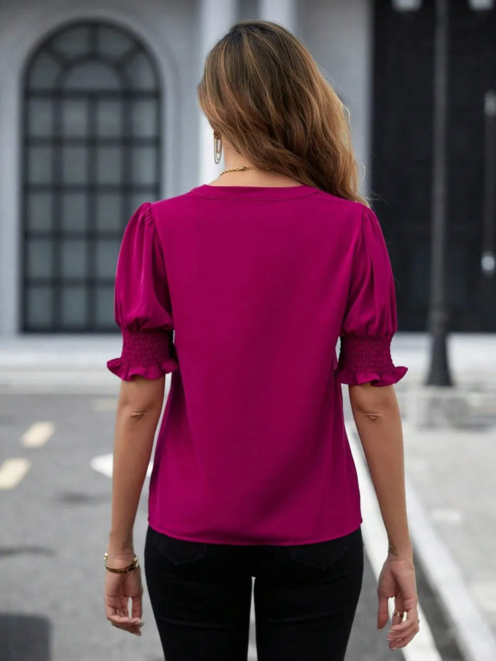 Notched-Neck Short-Sleeve Blouse