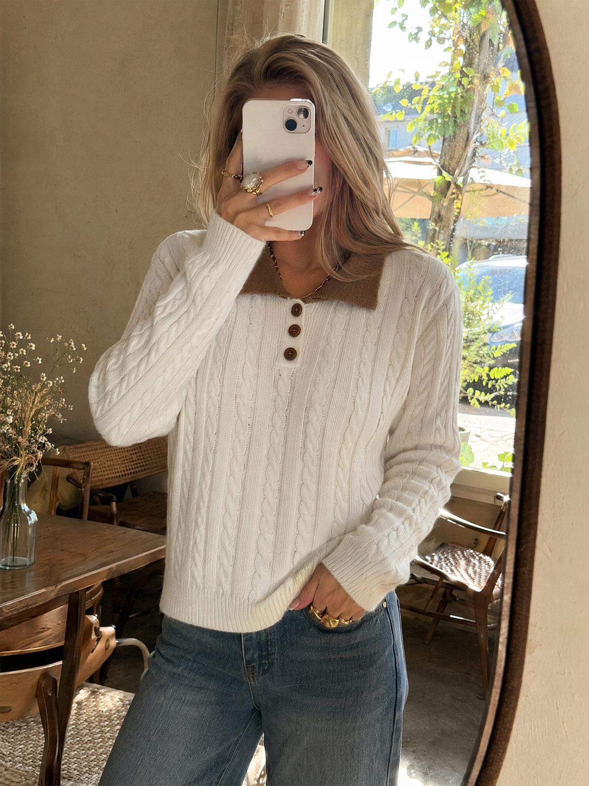 Polo-Collar Long-Sleeve Sweater