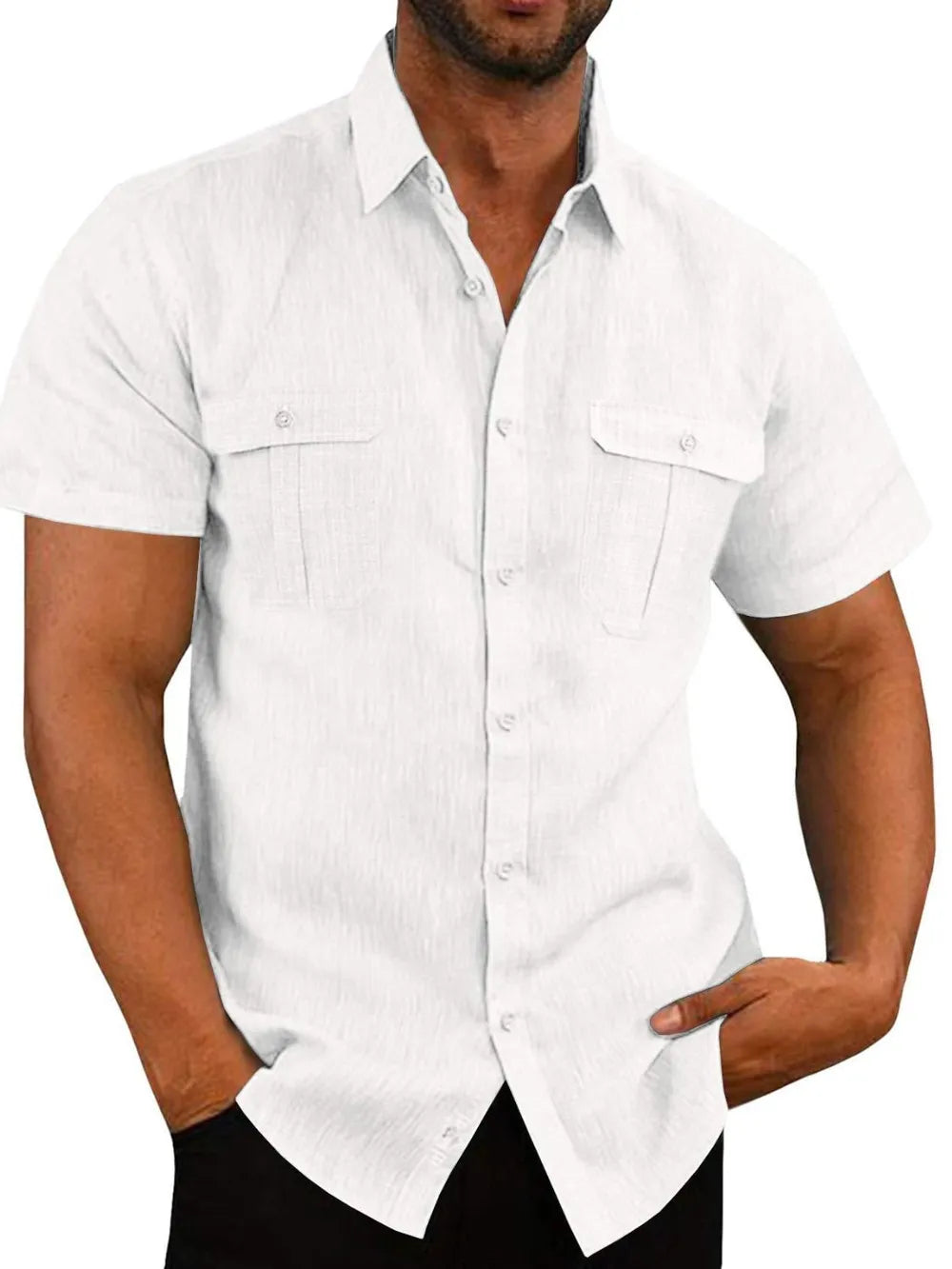 Men's Plus Size Short-Sleeve Linen-Cotton Shirt