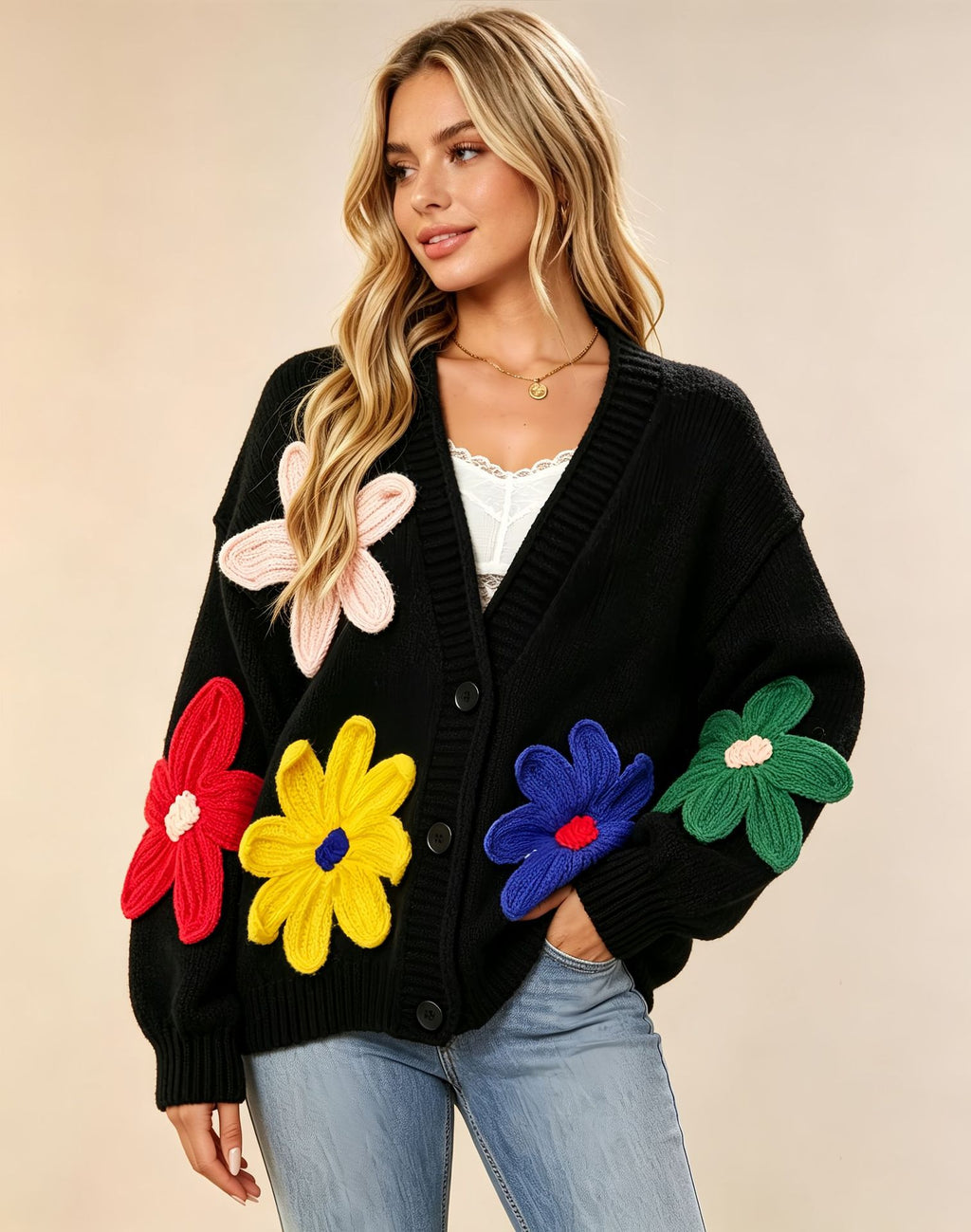 Women's Colorful Floral V-Neck Sweater