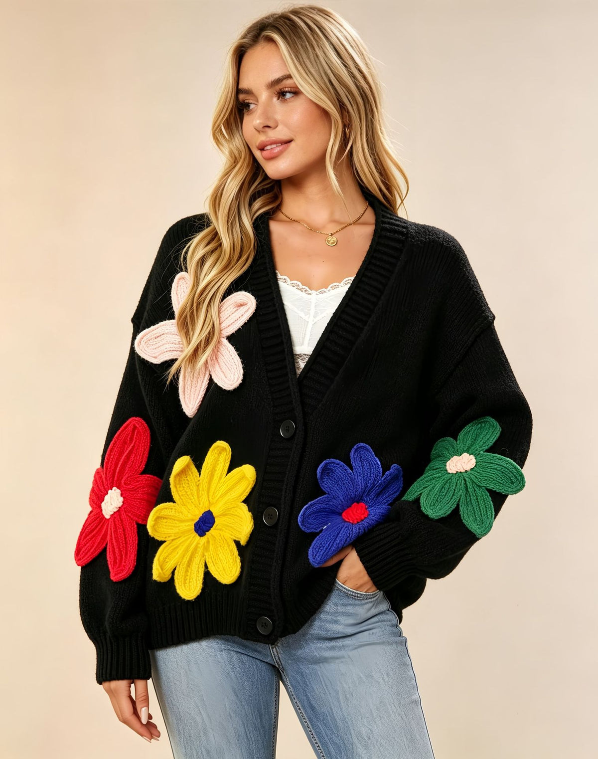 Women's Colorful Floral V-Neck Sweater