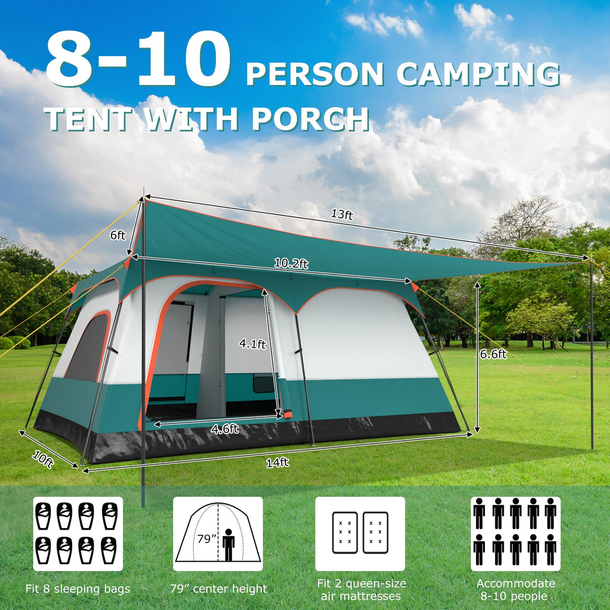 8–10-Person Family Camping Tent with 2 Rooms & 2 Doors