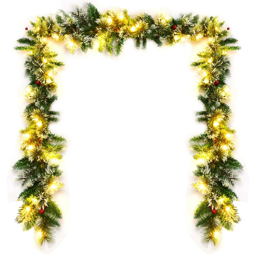9 Feet Pre-Lit Snow Flocked Tips Christmas Garland with Red Berries