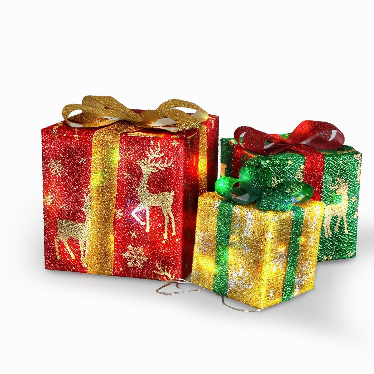 Set of 3 Christmas Lighted Gift Boxes Christmas Present Ornament 50 LED Christmas Box Decorations