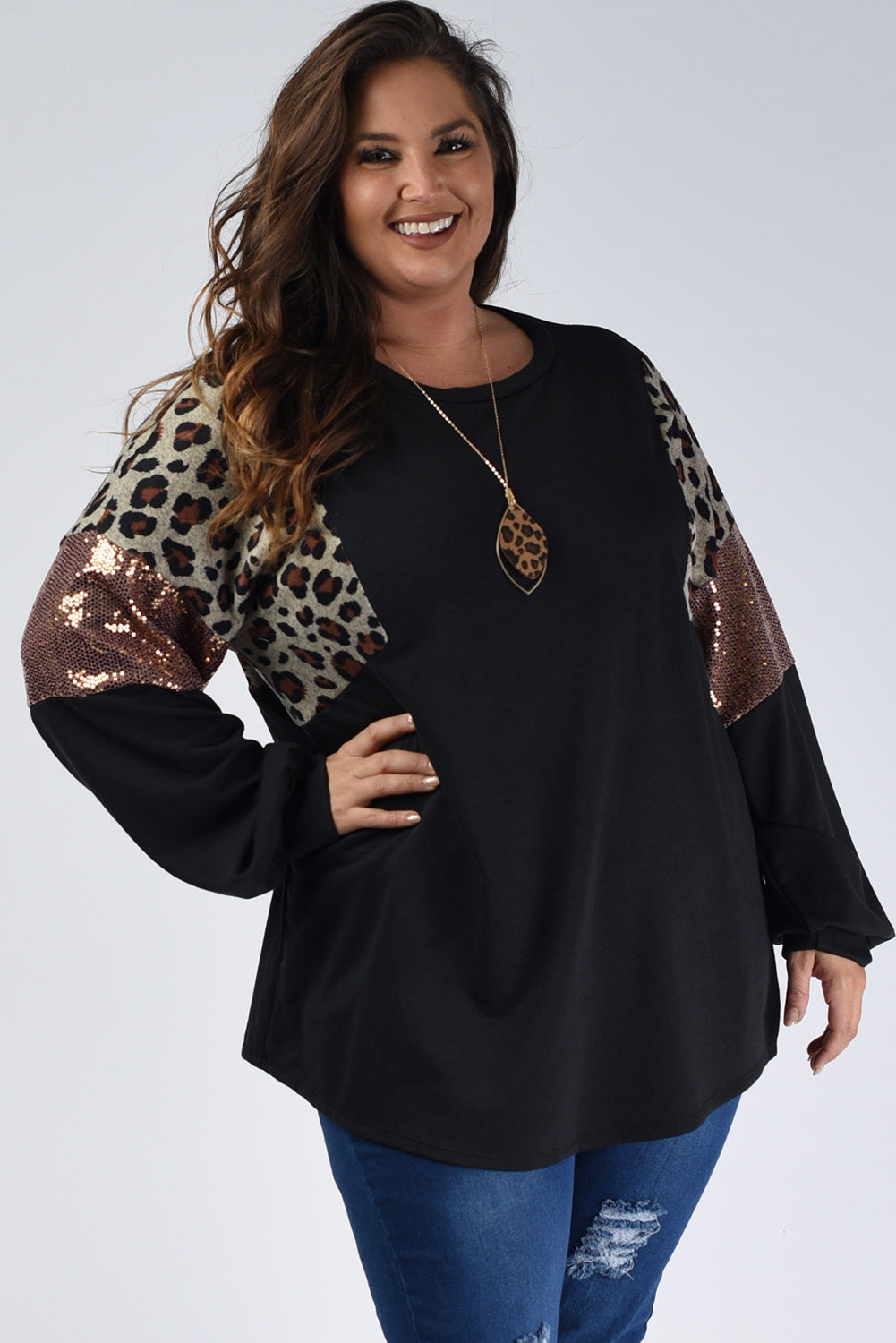 Women's Plus Size Leopard Sequin-Patch Long-Sleeve Top