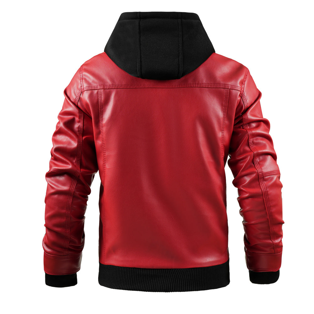 Men's Faux Leather Moto Jacket with Removable Hood
