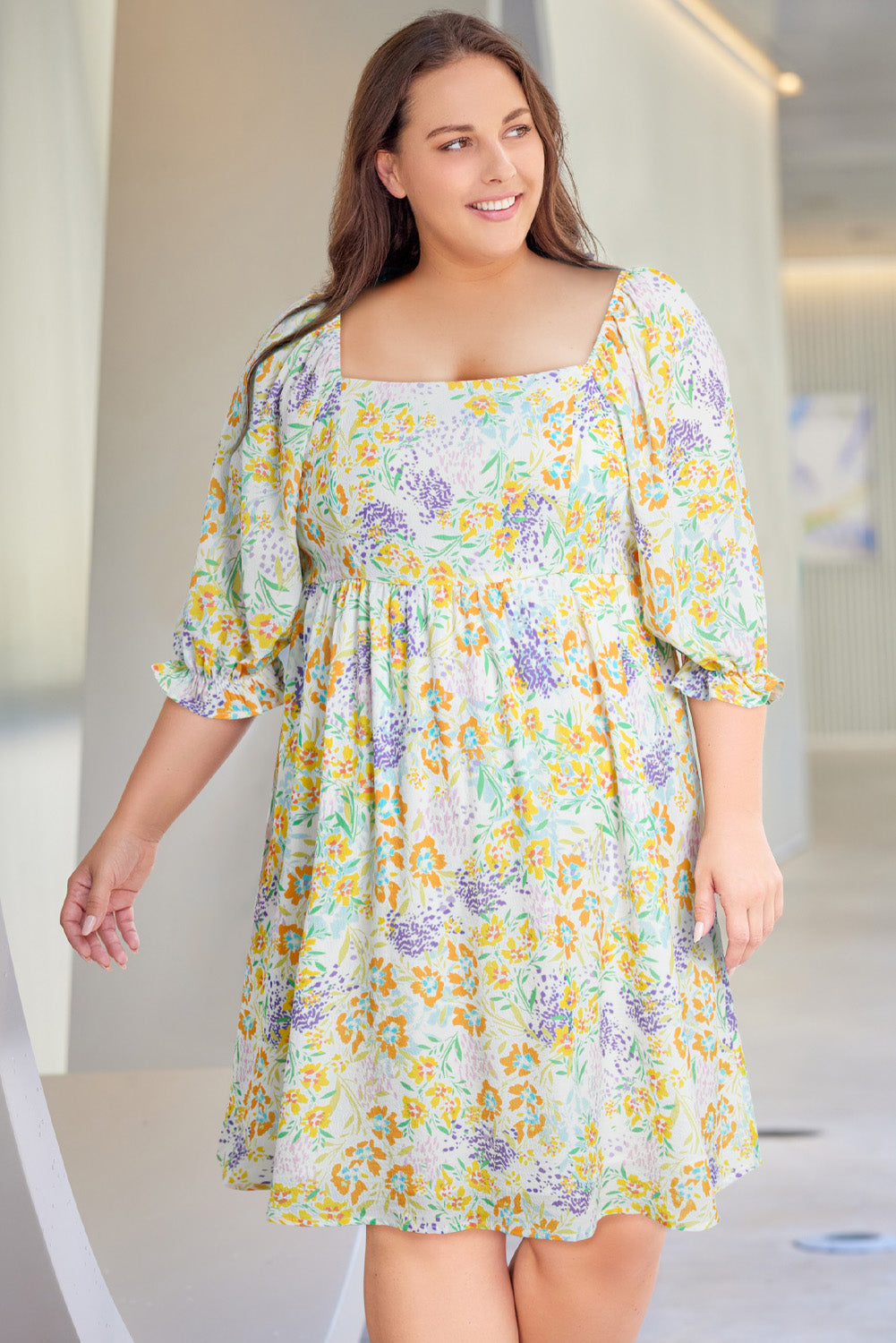 Women's Plus Size Floral Ruffle Bubble-Sleeve Dress