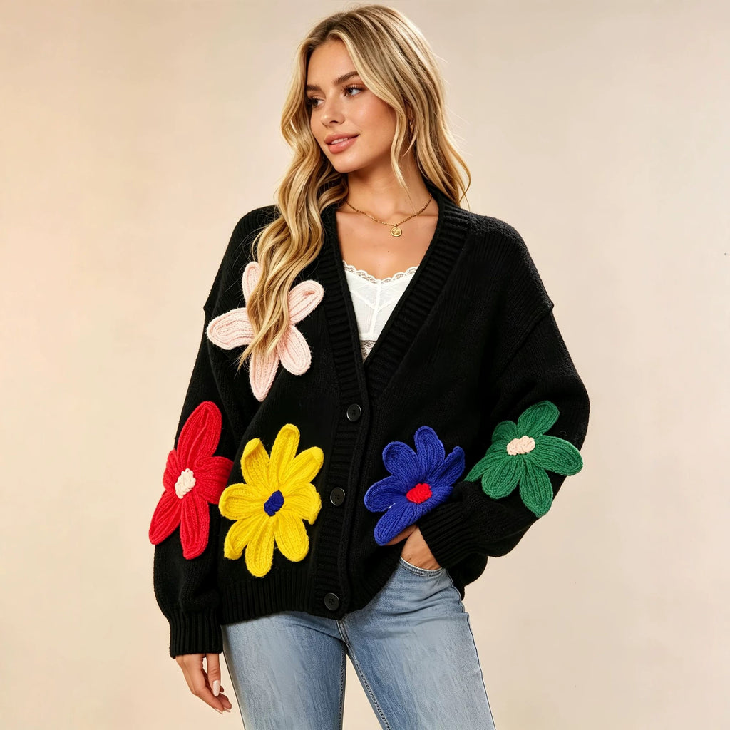 Women's Colorful Floral V-Neck Sweater