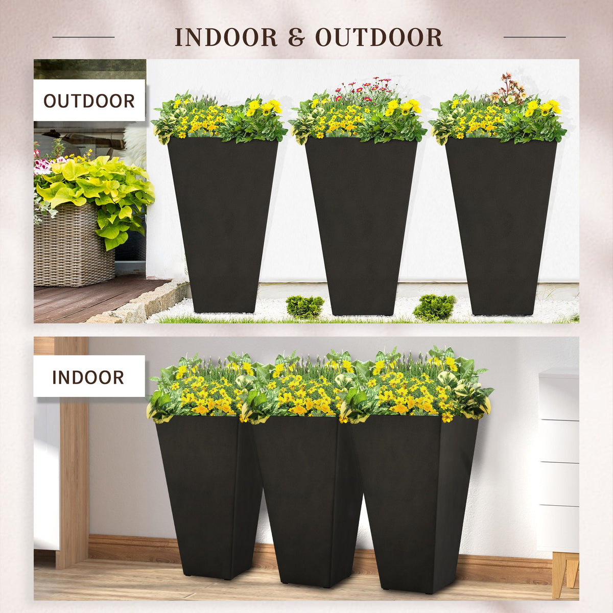 Outsunny Large Faux-Wood Tapered Planters – Set of 3