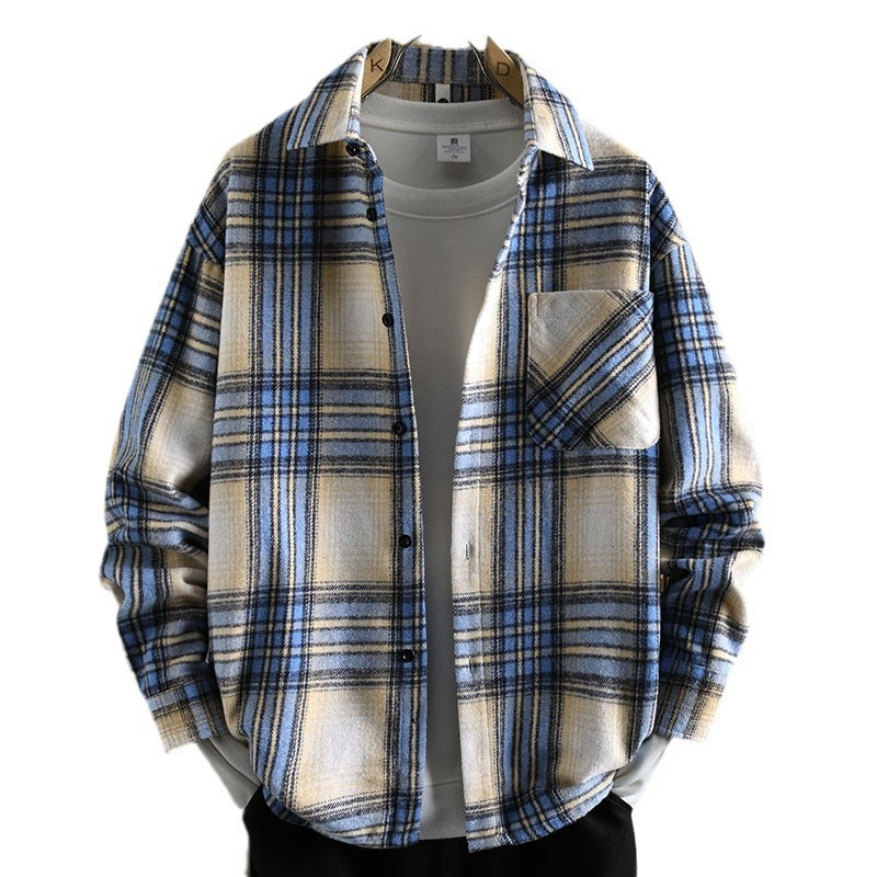 Vintage Plaid Long Sleeve Collar Men's Thickened Brushed Flannel Shirt