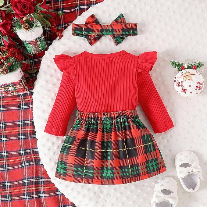 Baby Girls' Christmas Bodysuit, Plaid Skirt & Headband Set