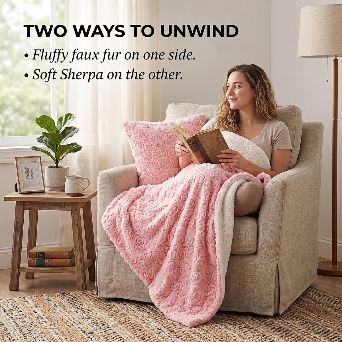 DaDa Bedding Pink Rose Sherpa Fleece Throw Blanket