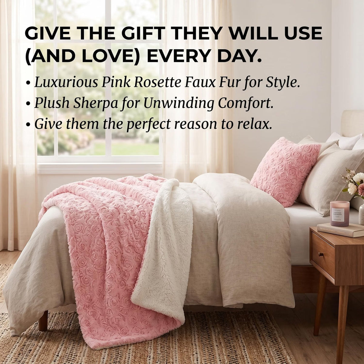 DaDa Bedding Pink Rose Sherpa Fleece Throw Blanket