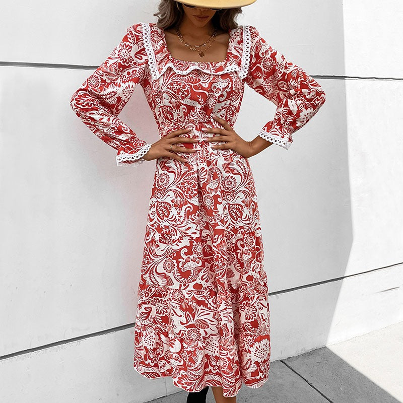 Women's Lace-Patch Floral Square-Neck Dress