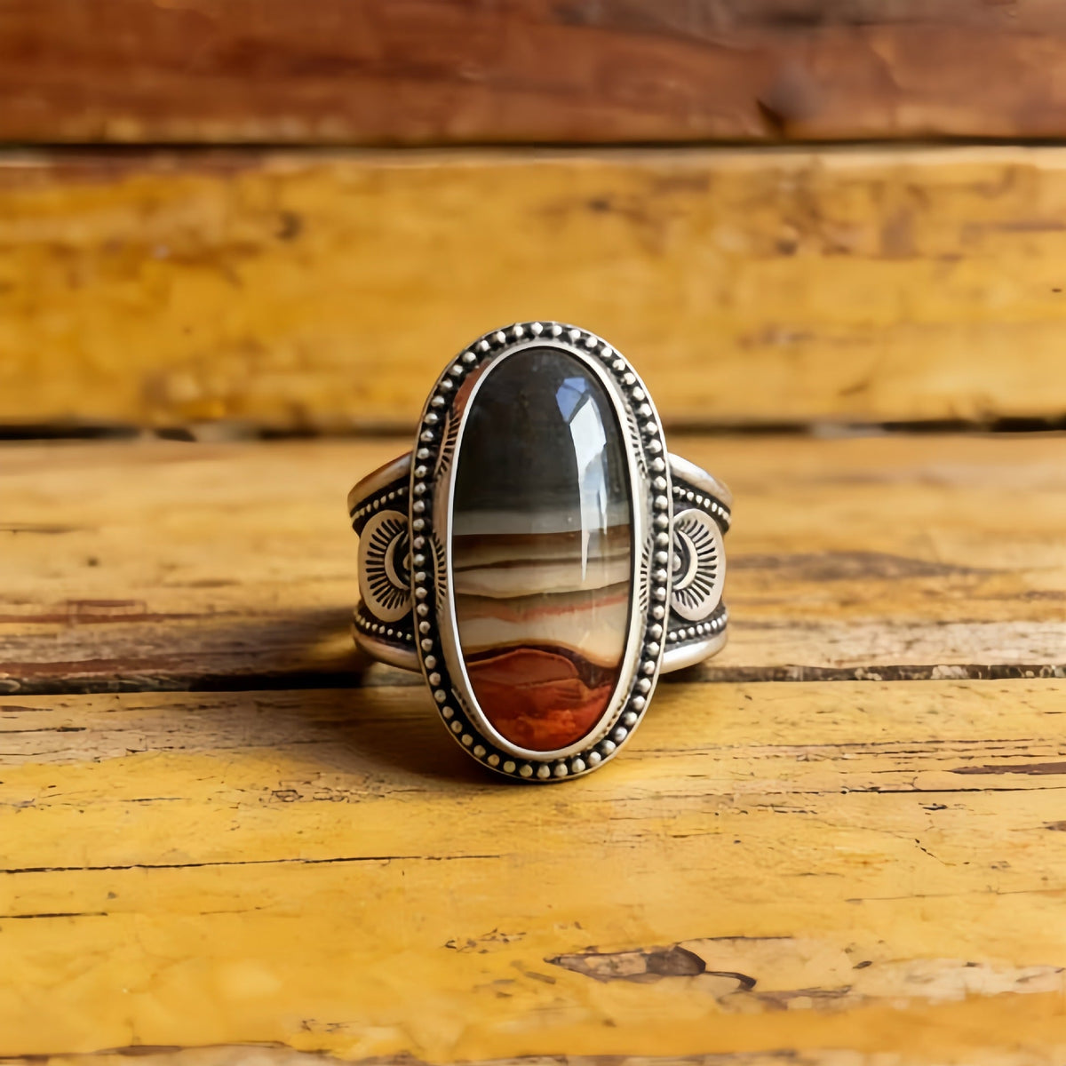 Bohemian Silver-Plated Faux Agate Ring