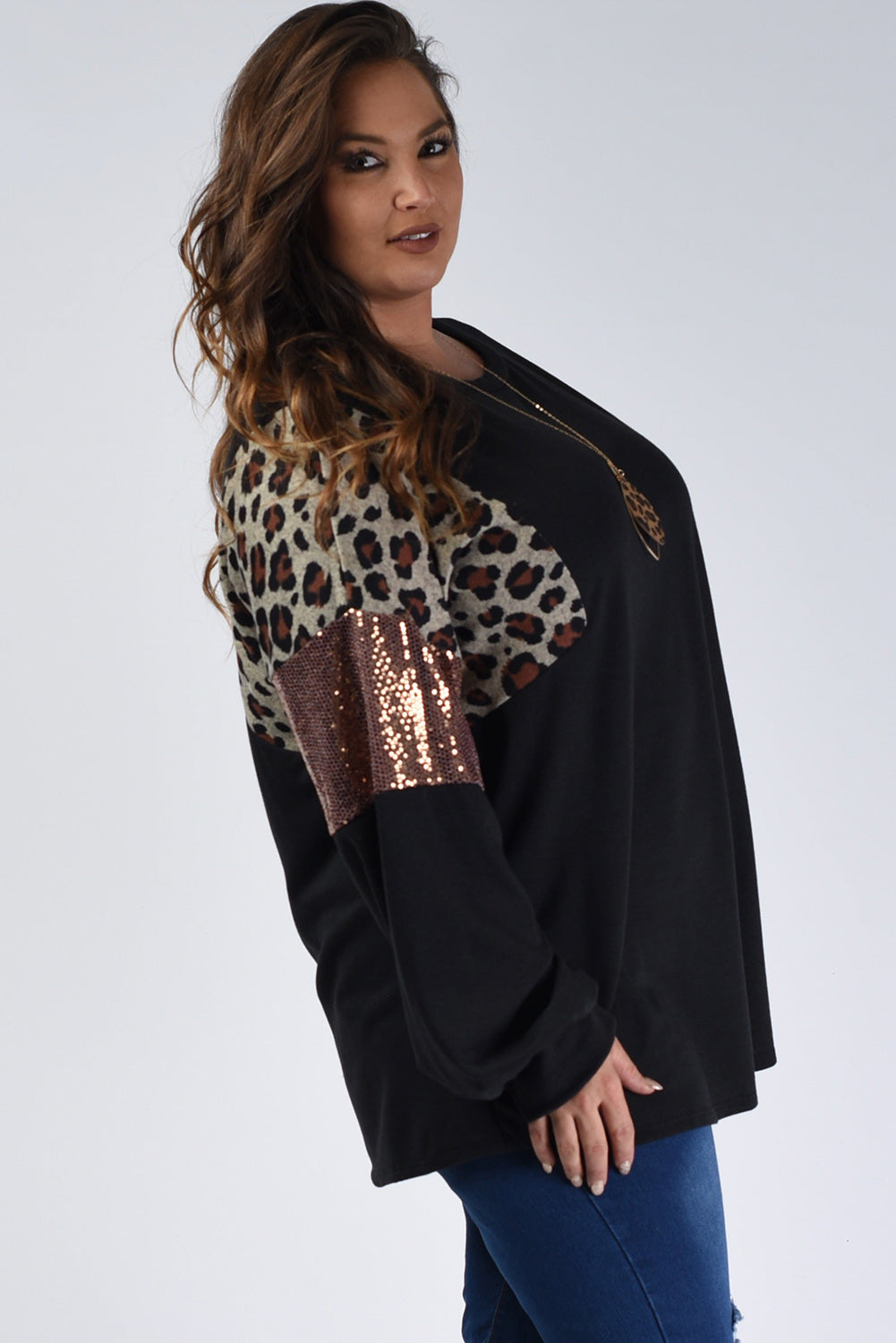 Women's Plus Size Leopard Sequin-Patch Long-Sleeve Top