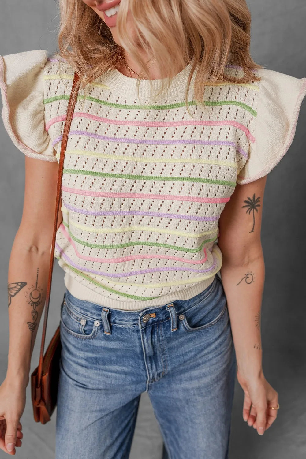 Women's Striped Eyelet Ruffle-Sleeve Sweater Vest