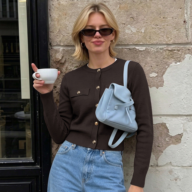 Coffee Brown Round-Neck Cardigan