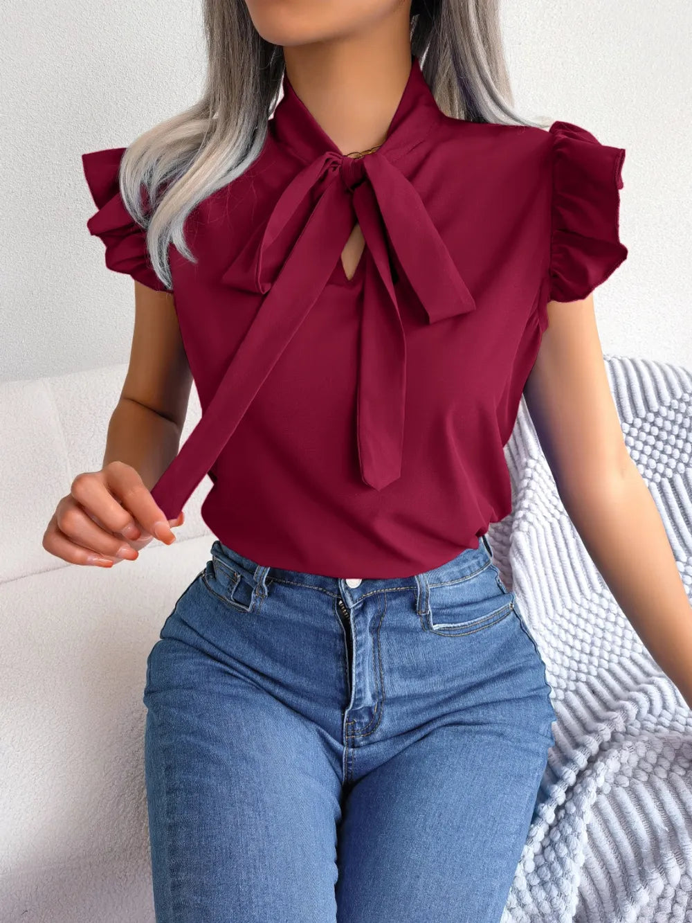Women's Tie-Neck Cap-Sleeve Blouse