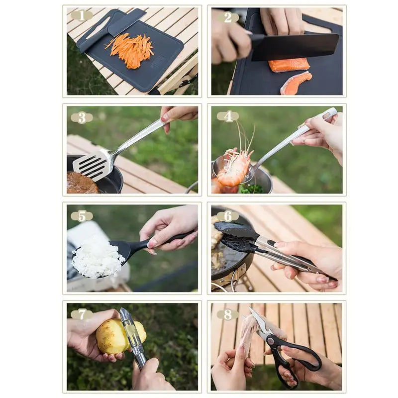 8-Piece Stainless Steel Camping Kitchen Utensil Set with Organizer