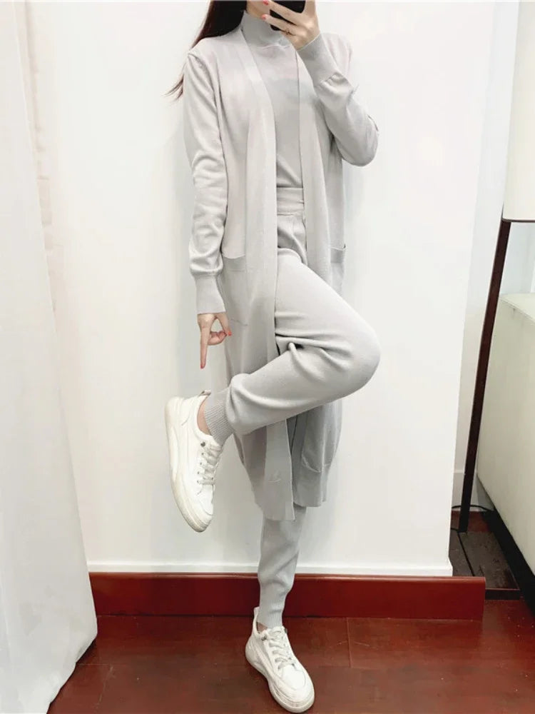 Three-Piece Knit Cardigan, Vest & Pants Set
